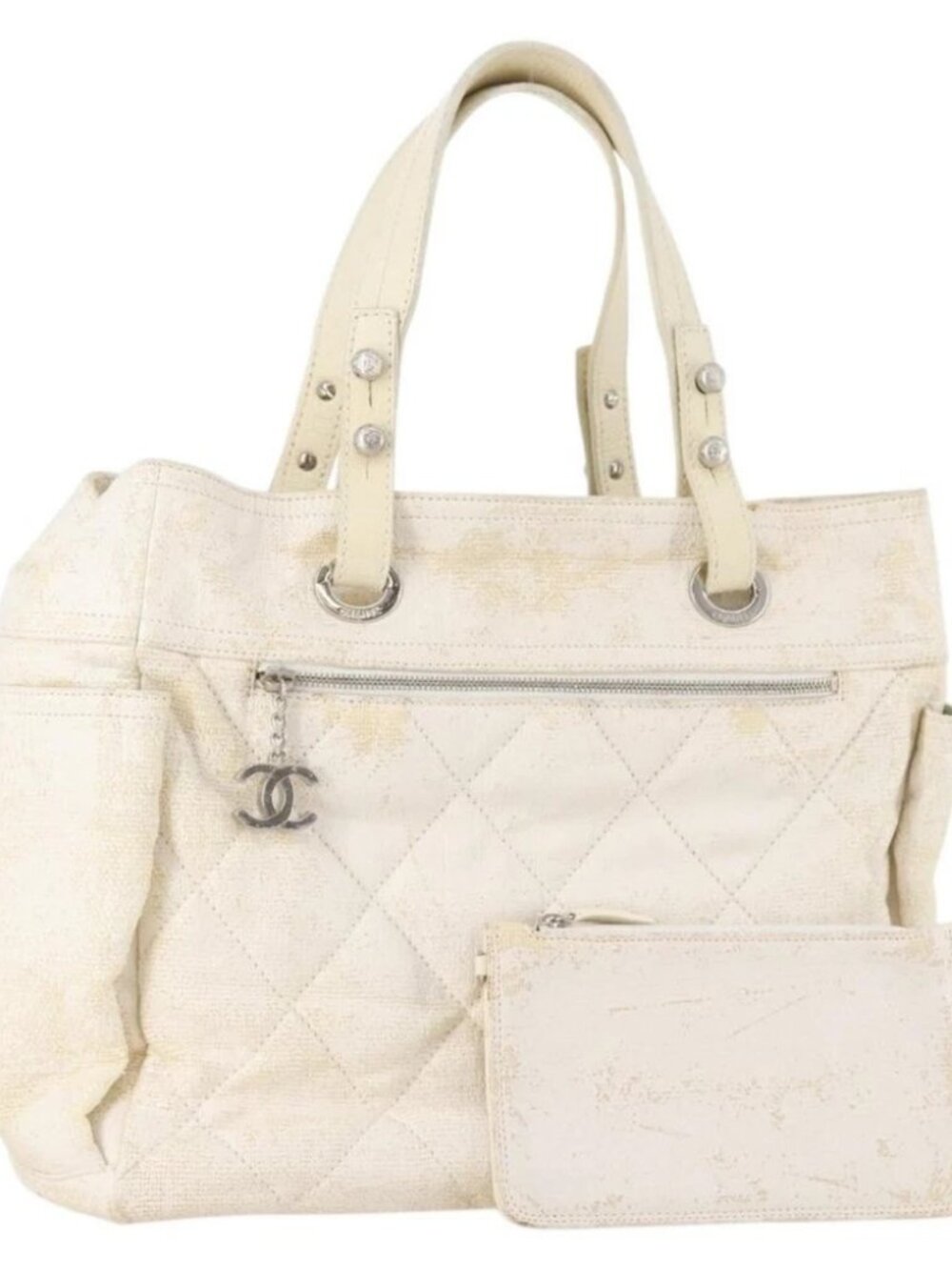 CHANEL Matelasse Paris Biarritz GM Tote Bag PVC Canvas White CC Auth hk3597